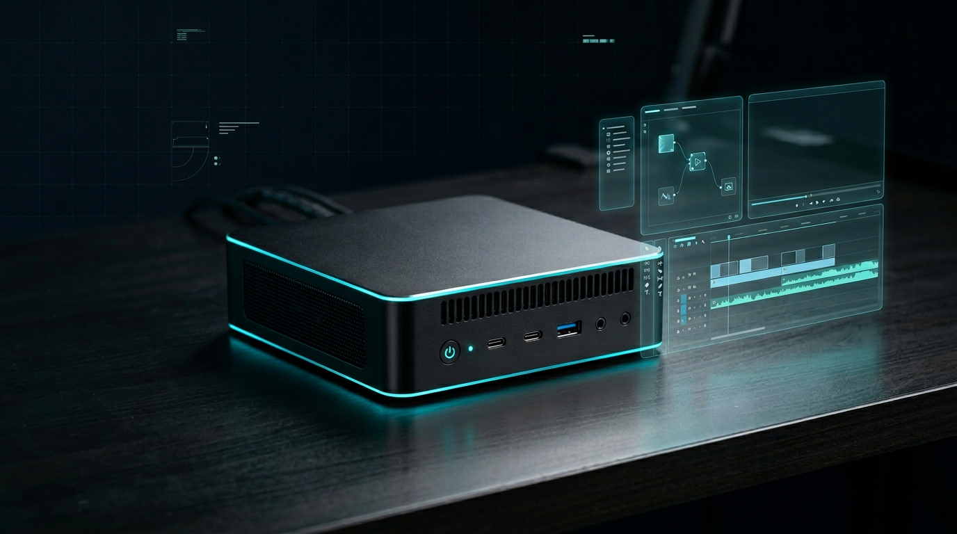 AI Box 工作站与全息界面概念图